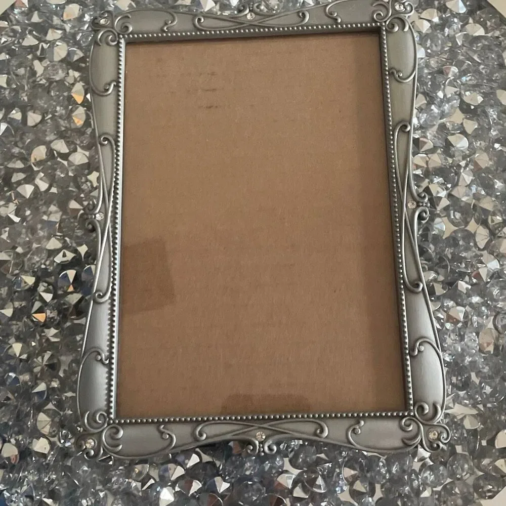 Burnes of Boston picture frame standing silver diamond rhinestone scroll pewter